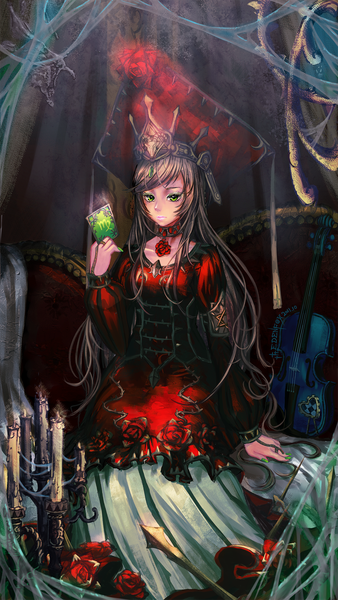 Anime picture 1000x1773 with original edenfox single tall image brown hair green eyes very long hair nail polish fingernails long fingernails goth-loli girl dress flower (flowers) hat choker rose (roses) card (cards) candle (candles)