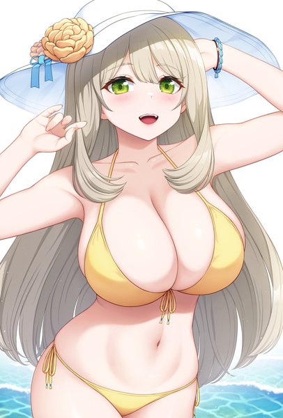 Anime picture 2300x3400 with blue archive nonomi (blue archive) nonomi (swimsuit) (blue archive) jc shikikan single long hair tall image looking at viewer blush fringe highres breasts open mouth light erotic smile standing green eyes silver hair blunt bangs :d