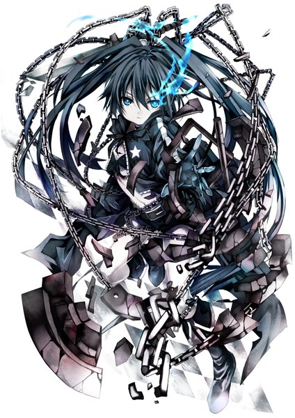 Anime picture 2480x3508 with black rock shooter black rock shooter (character) shino (eefy) long hair tall image highres blue eyes black hair simple background white background twintails glowing glowing eye (eyes) destruction girl jacket chain