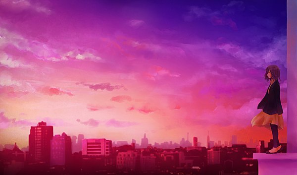 Anime picture 1052x620 with original shutterhappy (artist) single short hair brown hair wide image standing sky cloud (clouds) city evening sunset pink background cityscape scenic girl dress jacket