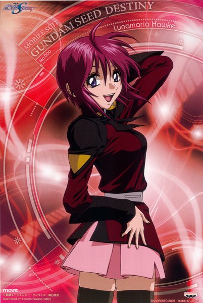 Anime picture 1342x2000 with gundam seed destiny lunamaria hawke tall image short hair open mouth pink hair ahoge grey eyes copyright name hand on hip arms behind head red background girl thighhighs uniform black thighhighs military uniform