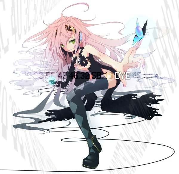 Anime picture 1500x1464 with vocaloid megurine luka plastick single long hair breasts light erotic green eyes pink hair girl thighhighs dress headphones insect butterfly