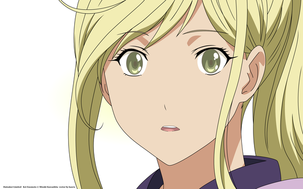 Anime picture 2560x1600 with hatsukoi limited j.c. staff enomoto kei single long hair looking at viewer highres open mouth simple background blonde hair wide image white background green eyes close-up vector girl