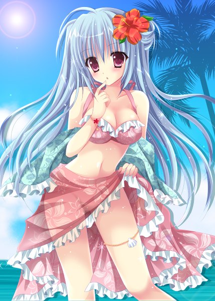 Anime picture 858x1200 with original kirishima riona single long hair tall image looking at viewer blush breasts light erotic bare shoulders blue hair sky cloud (clouds) pink eyes hair flower girl navel hair ornament flower (flowers) swimsuit