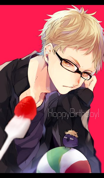 Anime picture 480x817 with haikyuu!! production i.g tsukishima kei hanamori single tall image looking at viewer short hair blonde hair simple background brown eyes letterboxed pink background happy birthday boy glasses food berry (berries) ball strawberry