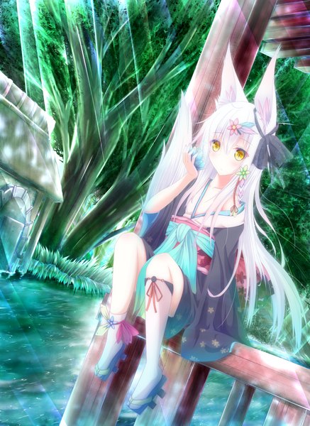 Anime picture 1296x1778 with original nagishiro mito single long hair tall image sitting animal ears yellow eyes white hair tail traditional clothes japanese clothes animal tail fox ears fox tail fox girl girl hair ornament flower (flowers) bow
