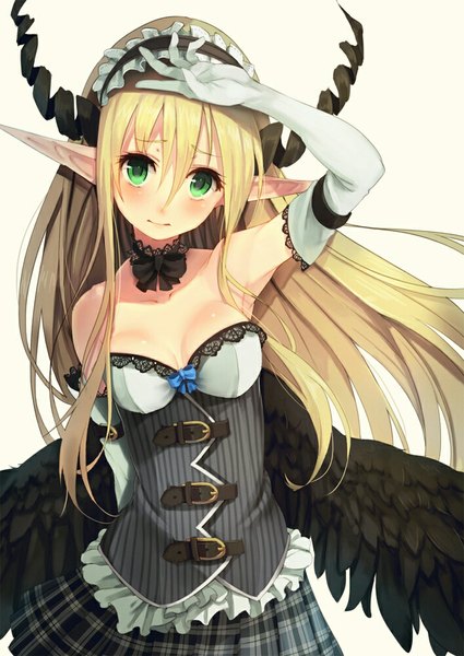 Anime picture 708x1000 with original paseri single long hair tall image blush breasts simple background blonde hair white background bare shoulders green eyes horn (horns) light smile pointy ears arms up armpit (armpits) elf black wings girl