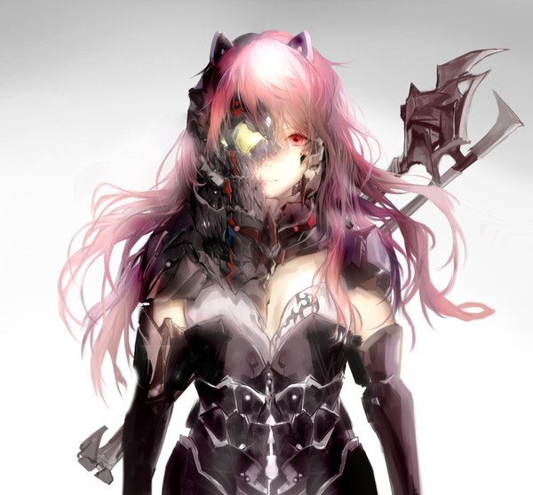 Anime picture 2072x1928 with original sa'yuki single looking at viewer fringe highres simple background hair between eyes red eyes standing holding animal ears pink hair upper body one eye closed multicolored hair grey background sleeveless gradient background mouth hold