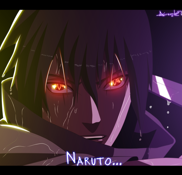 Anime picture 2000x1919 with naruto studio pierrot naruto (series) uchiha sasuke airest27 single highres short hair open mouth black hair simple background red eyes inscription wet coloring close-up rain face purple background sharingan