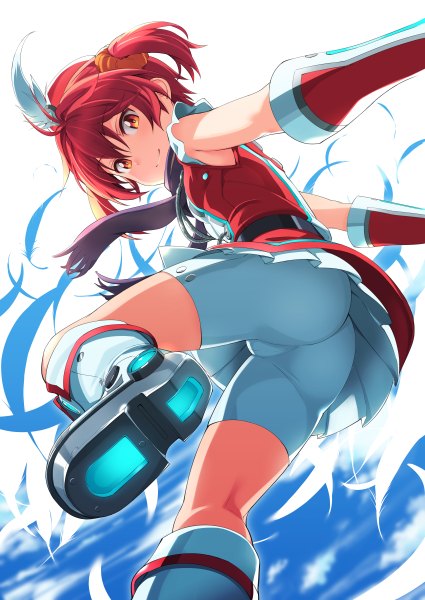 Anime picture 850x1200 with vividred operation isshiki akane michairu single long hair tall image looking at viewer blush short hair light erotic smile twintails ass red hair looking back orange eyes glowing looking down short twintails upskirt