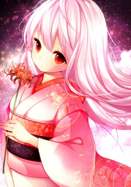 Anime picture 982x1400 with original mintsu (ichi--kun) single long hair tall image looking at viewer red eyes pink hair traditional clothes japanese clothes girl flower (flowers) obi yukata higanbana