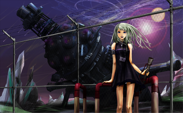 Anime picture 3047x1890 with original sputnik films highres wide image green hair girl dress black dress mecha barbed wire