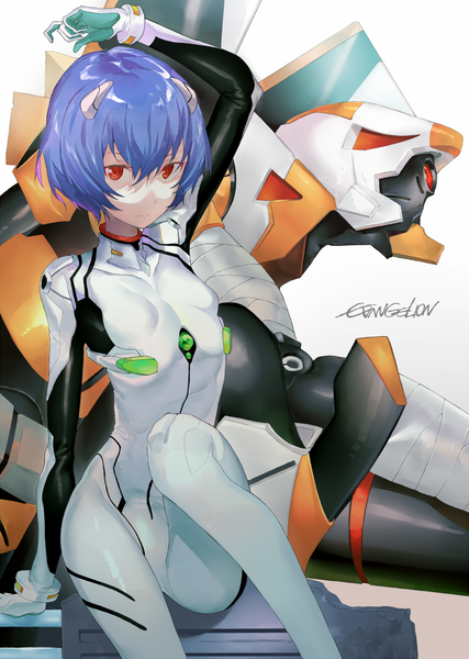 Anime picture 700x984 with neon genesis evangelion gainax ayanami rei yuukyuu ponzu single tall image looking at viewer fringe short hair simple background red eyes sitting signed blue hair bent knee (knees) girl gloves bodysuit robot
