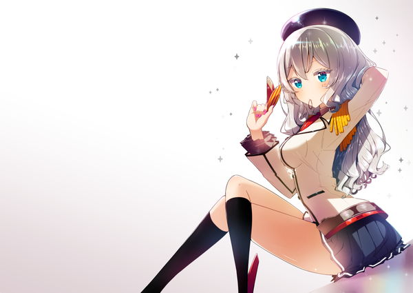 Anime picture 1352x958 with kantai collection kashima training cruiser bokkun (doyagaobyo) single long hair looking at viewer fringe breasts blue eyes simple background hair between eyes white background sitting holding silver hair bent knee (knees) long sleeves nail polish pleated skirt sparkle