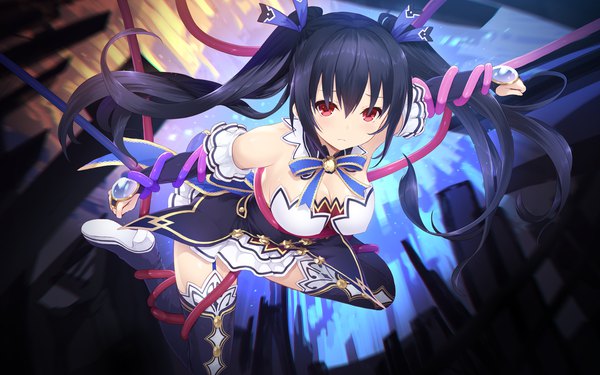 Anime picture 1920x1200 with choujigen game neptune noire cait single long hair looking at viewer fringe highres breasts light erotic black hair hair between eyes red eyes large breasts twintails payot cleavage bondage girl boots