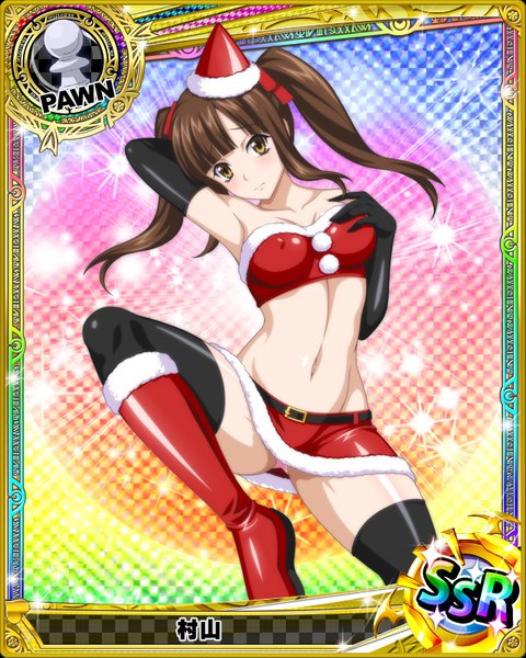 Anime picture 640x800 with highschool dxd murayama (high school dxd) single long hair tall image looking at viewer blush breasts light erotic brown hair twintails brown eyes pantyshot fur trim christmas card (medium) girl thighhighs skirt gloves