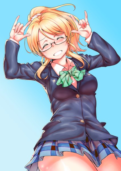 Anime picture 1000x1412 with love live! school idol project sunrise (studio) love live! ayase eli inu (aerodog) single long hair tall image simple background blonde hair ponytail eyes closed pleated skirt blue background clenched teeth bespectacled mmm girl skirt uniform
