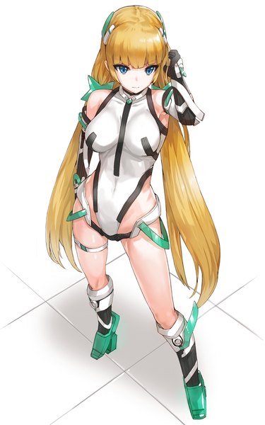Anime picture 669x1070 with expelled from paradise angela balzac kfr single tall image blue eyes light erotic simple background standing white background twintails bare shoulders blunt bangs very long hair from above low twintails adjusting hair revision girl gloves