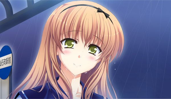 Anime picture 2660x1540 with atled everlasting song long hair blush highres brown hair wide image green eyes game cg rain girl hairband