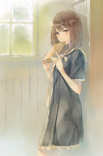 Anime picture 2648x4000 with flowers (innocent grey) innocent grey kousaka mayuri sugina miki single tall image looking at viewer blush highres short hair brown hair standing holding brown eyes scan official art girl dress uniform hair ornament
