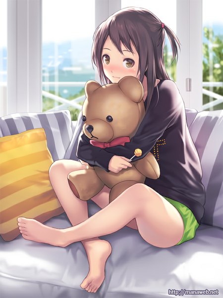 Anime picture 600x800 with ilog kuki hitomi mana kakkowarai single long hair tall image looking at viewer blush light erotic black hair sitting brown eyes indoors barefoot bare legs hug crossed legs indian style girl window