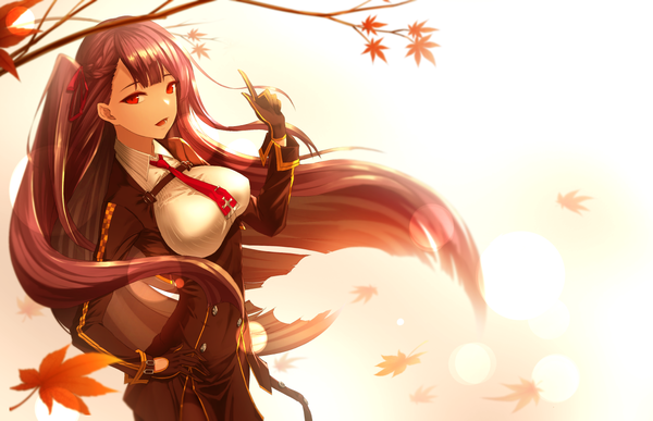 Anime picture 1240x800 with girls frontline wa2000 (girls frontline) limeblock single long hair looking at viewer fringe breasts open mouth red eyes large breasts payot purple hair blunt bangs braid (braids) arm up wind hand on hip one side up double buttons