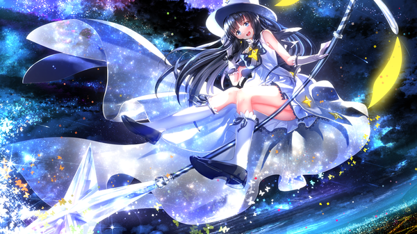 Anime picture 1920x1080 with houkago no pleiades itsuki (houkago no pleiades) swordsouls single long hair looking at viewer blush fringe highres open mouth blue eyes light erotic black hair wide image sitting full body bent knee (knees) ass night night sky