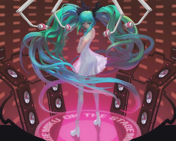 Anime picture 1024x820 with vocaloid hatsune miku loped (pixiv) single twintails bare shoulders very long hair aqua eyes aqua hair girl dress bow hair bow shoes speakers