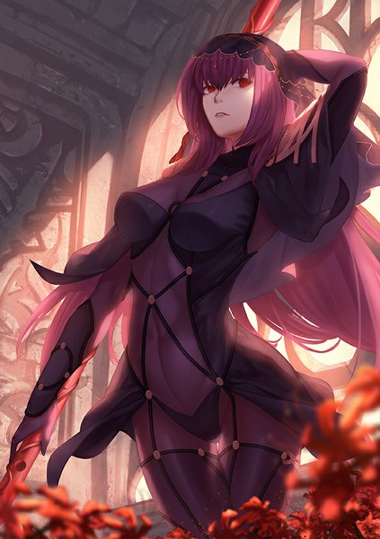 Anime picture 595x842 with fate (series) fate/grand order type-moon scathach (fate) (all) scathach (fate) whitem (whiteemperor2020) single long hair tall image looking at viewer red eyes purple hair girl gloves flower (flowers) weapon elbow gloves bodysuit