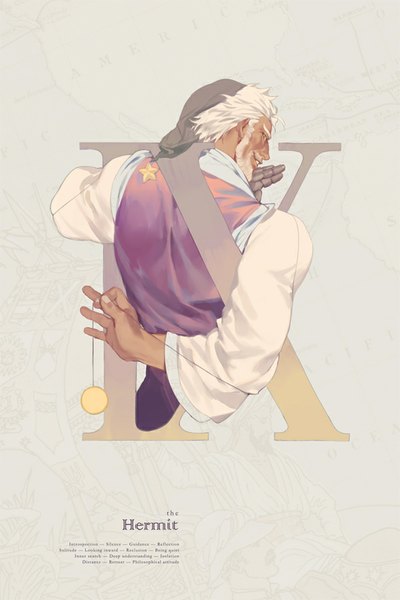Anime picture 600x899 with jojo no kimyou na bouken joseph joestar coralstone single tall image looking at viewer short hair smile green eyes white hair profile looking back from behind grey background text english arm behind back mechanical arms boy shirt