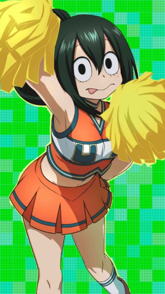 Anime picture 720x1280 with boku no hero academia studio bones asui tsuyu single long hair tall image looking at viewer fringe breasts hair between eyes pleated skirt arm up green hair black eyes armpit (armpits) cheerleader girl skirt navel miniskirt