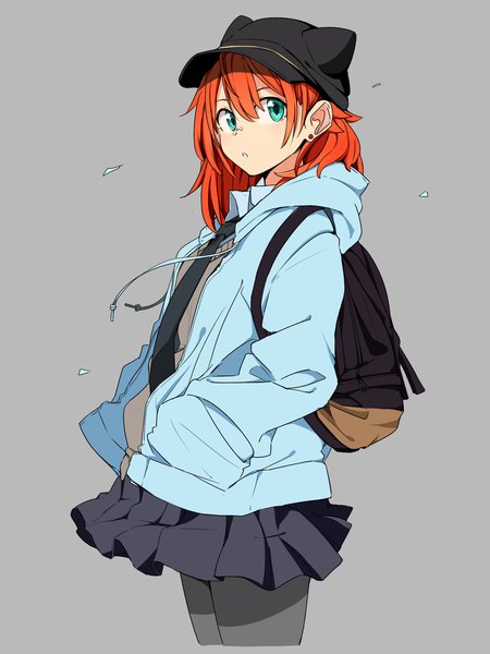 Anime picture 1200x1600 with original amano tora kazenoko single long hair tall image looking at viewer fringe simple background hair between eyes standing aqua eyes wind orange hair grey background hands in pockets casual girl skirt pantyhose