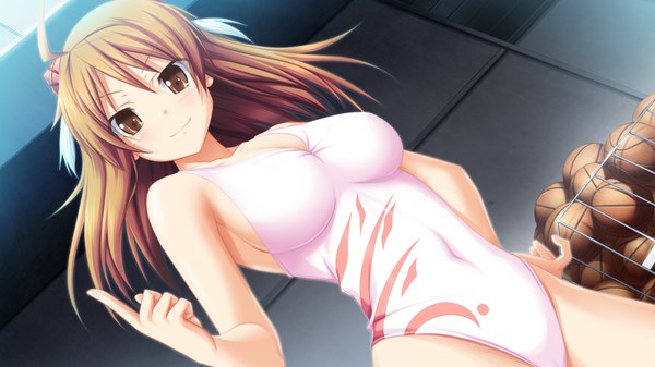 Anime picture 1024x576 with soukoku no arterial looking at viewer short hair light erotic smile brown hair wide image brown eyes game cg ahoge basketball girl