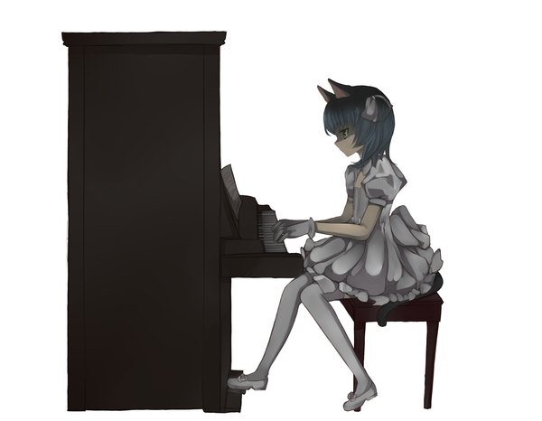 Anime picture 2600x2020 with utau ryone yami saru to yami single highres short hair simple background white background green eyes animal ears blue hair cat ears cat girl cat tail girl thighhighs dress white thighhighs piano