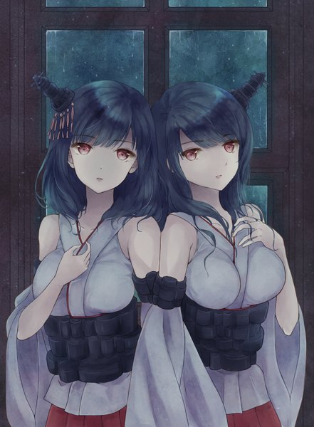 Anime picture 1200x1633 with kantai collection yamashiro battleship fusou battleship nagidango long hair tall image looking at viewer fringe breasts red eyes large breasts multiple girls blue hair indoors traditional clothes parted lips japanese clothes pleated skirt night hand on chest