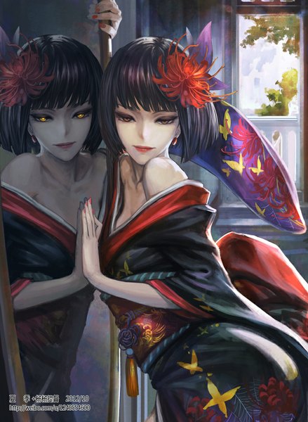 Anime picture 695x950 with original xiaji tall image looking at viewer fringe short hair black hair smile standing bare shoulders brown eyes yellow eyes nail polish traditional clothes japanese clothes hair flower floral print reflection red nail polish girl