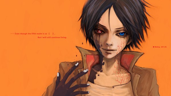 Anime picture 1600x900 with katekyou hitman reborn rokudo mukuro moking (pixiv) single short hair blue eyes black hair simple background red eyes wide image inscription heterochromia dark skin orange background boy choker jacket