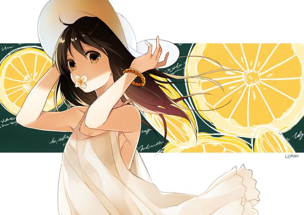 Anime picture 2046x1447 with original sogawa single long hair looking at viewer highres brown hair bare shoulders brown eyes ahoge wind arms up shaded face outside border flower in mouth girl flower (flowers) hat bracelet sundress