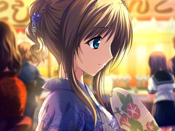 Anime picture 1024x768 with choukou sennin haruka single long hair blue eyes brown hair game cg traditional clothes japanese clothes profile girl kimono fan
