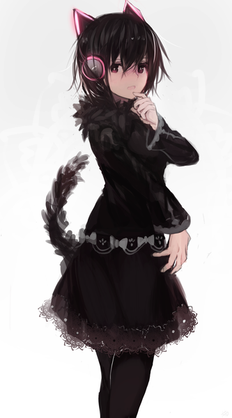 Anime picture 3172x5712 with original tarbo (exxxpiation) single tall image looking at viewer fringe highres short hair open mouth black hair simple background hair between eyes standing white background absurdres tail long sleeves animal tail black eyes cat tail