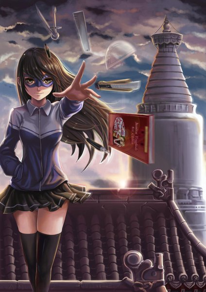 Anime picture 1750x2475 with original dantewontdie long hair tall image highres black hair brown eyes cloud (clouds) girl thighhighs skirt black thighhighs miniskirt mask knife roof