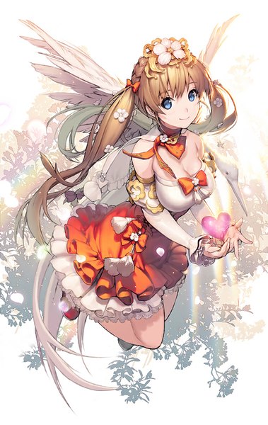 Anime picture 537x850 with million arthur (series) kaku-san-sei million arthur original square enix chunhyang kkuem tall image looking at viewer fringe breasts blue eyes smile brown hair large breasts white background twintails cleavage bent knee (knees) braid (braids) very long hair