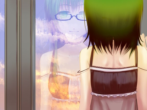 Anime picture 1152x864 with vocaloid gumi short hair bare shoulders green eyes green hair from behind back reflection girl glasses