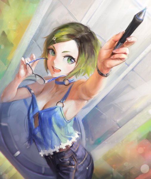 Anime picture 1620x1920 with original arata yokoyama single tall image looking at viewer short hair open mouth light erotic bare shoulders holding green hair no bra outstretched arm revision girl hair ornament glasses pants clock jeans