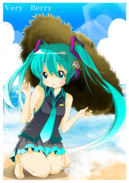 Anime picture 2480x3508 with vocaloid hatsune miku berry jou single long hair tall image highres twintails bare shoulders absurdres barefoot aqua eyes aqua hair loli girl skirt hat miniskirt necktie straw hat