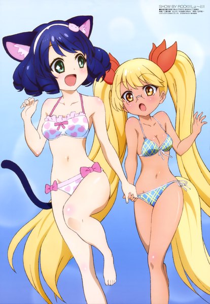 Anime picture 4082x5918 with show by rock!! studio bones megami magazine cyan (show by rock!!) retoree (show by rock!!) tall image blush highres short hair open mouth blue eyes light erotic blonde hair twintails multiple girls animal ears yellow eyes blue hair absurdres tail