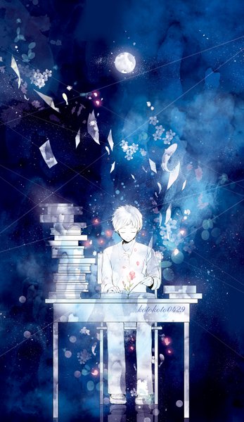 Anime picture 900x1556 with original koto2 single tall image short hair sitting signed eyes closed boy flower (flowers) petals book (books) moon full moon table paper