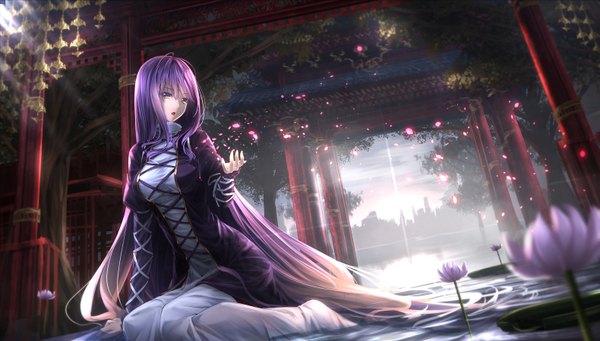 Anime picture 1579x900 with touhou hijiri byakuren ryosios single open mouth wide image sitting brown eyes purple hair very long hair multicolored hair two-tone hair girl dress flower (flowers) petals torii