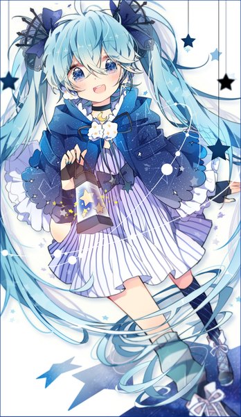 Anime picture 1000x1723 with vocaloid hatsune miku fuyu no yoru miku fuuko (2679566944) single tall image looking at viewer blush fringe open mouth blue eyes twintails blue hair very long hair nail polish symbol-shaped pupils walking girl dress gloves