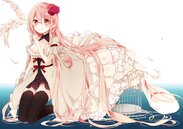 Anime picture 1249x881 with original naoto (tulip) single blush pink hair very long hair pink eyes hair flower girl thighhighs dress hair ornament flower (flowers) black thighhighs animal bird (birds) feather (feathers) cage